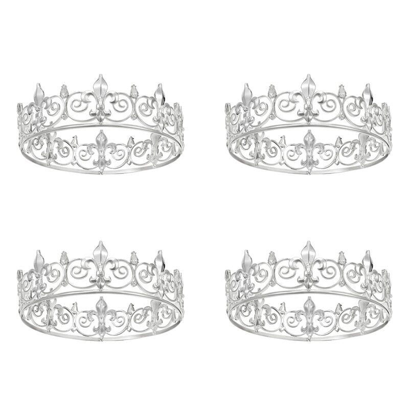 4X królewski korona króla dla mężczyzn-metalowy książę korony i tiary, w pełni z okrągłych kapelusze na przyjęcie urodzinowe (srebrny)