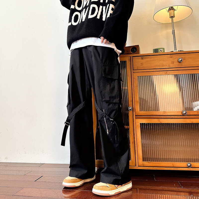 Celana Overall Retro Amerika Celana Korea Kasual Kaki Lurus Longgar Y2K Pria Celana Kaki Lebar Desain Serbaguna Jalan Tinggi Wanita