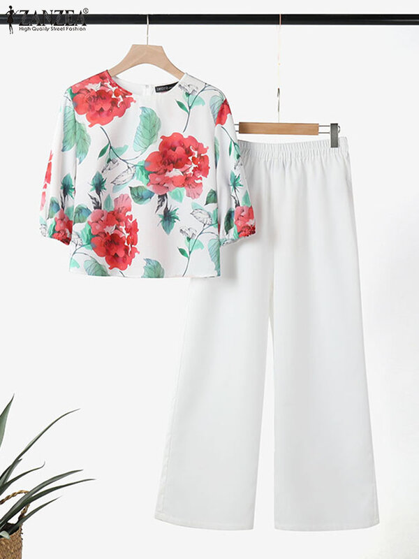 ZANZEA-Blusa floral combinando vintage e calças largas para mulheres, roupas femininas, calças boêmio, calças de verão, manga 3/4, 2 peças