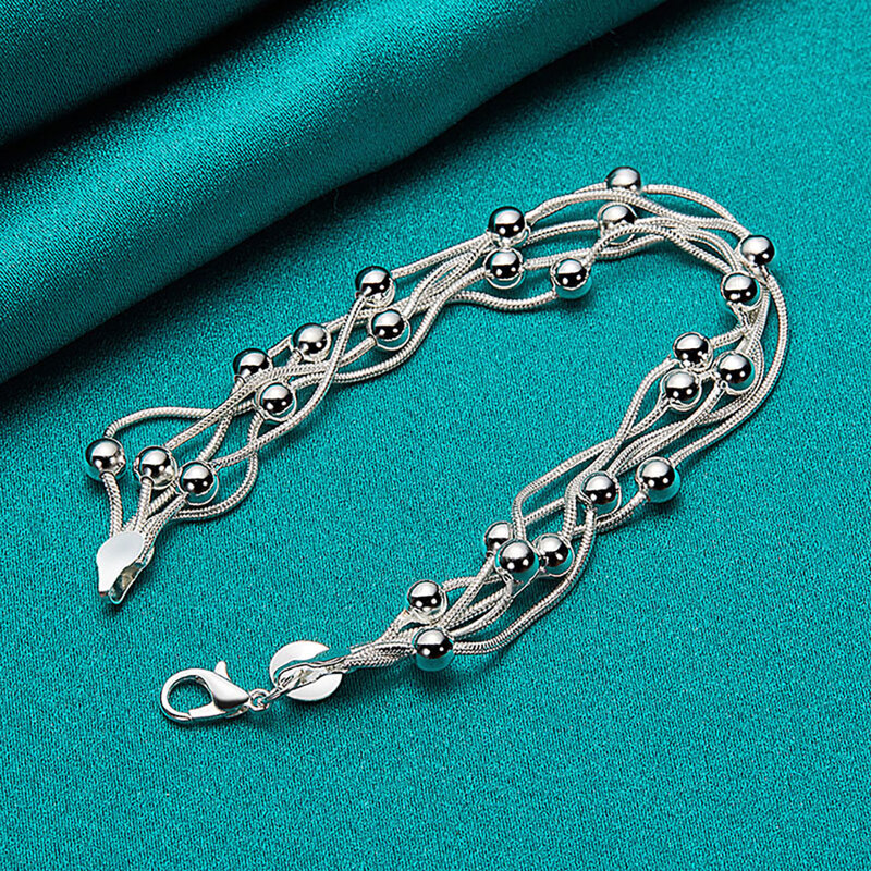 Blueench 925 prata esterlina cadeia múltipla com contas de bola pulseira para as mulheres da moda jóias personalidade