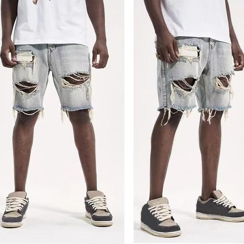 Strong Denim Shorts Men's Summer Distressed Denim Shorts Straight Fit Ripped Holes Knee Length Jeans with Multi Pockets Korean
