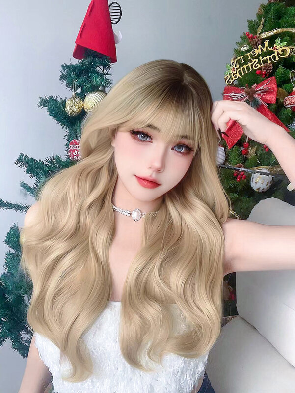 26Inch Lolita Flaxen Synthetic Wigs with Bangs Long Natural Wavy Hair Wig for Women Daily Use Cosplay Drag Queen Heat Resistant