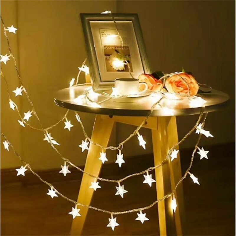 Tali lampu LED bintang 1.5m/3m/6m/10m, lampu tirai pesta pernikahan bertenaga USB baterai karangan bunga Natal untuk rumah