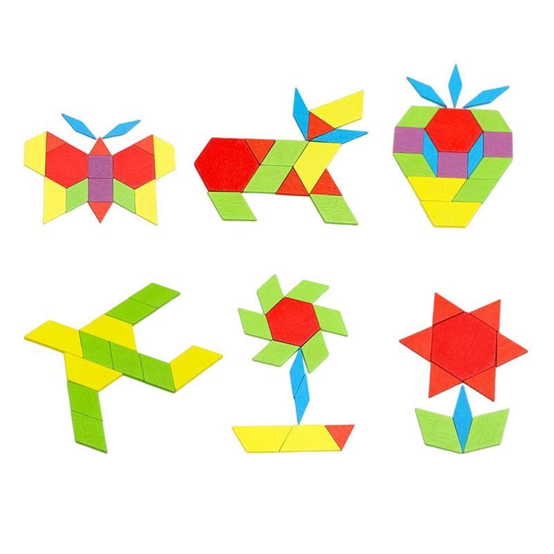 Pola Kayu Blok Set dari 130 Blok Teka-teki Montessori Mainan Keterampilan Geometri Awal Matematika Manipulatif untuk Bentuk Pengakuan