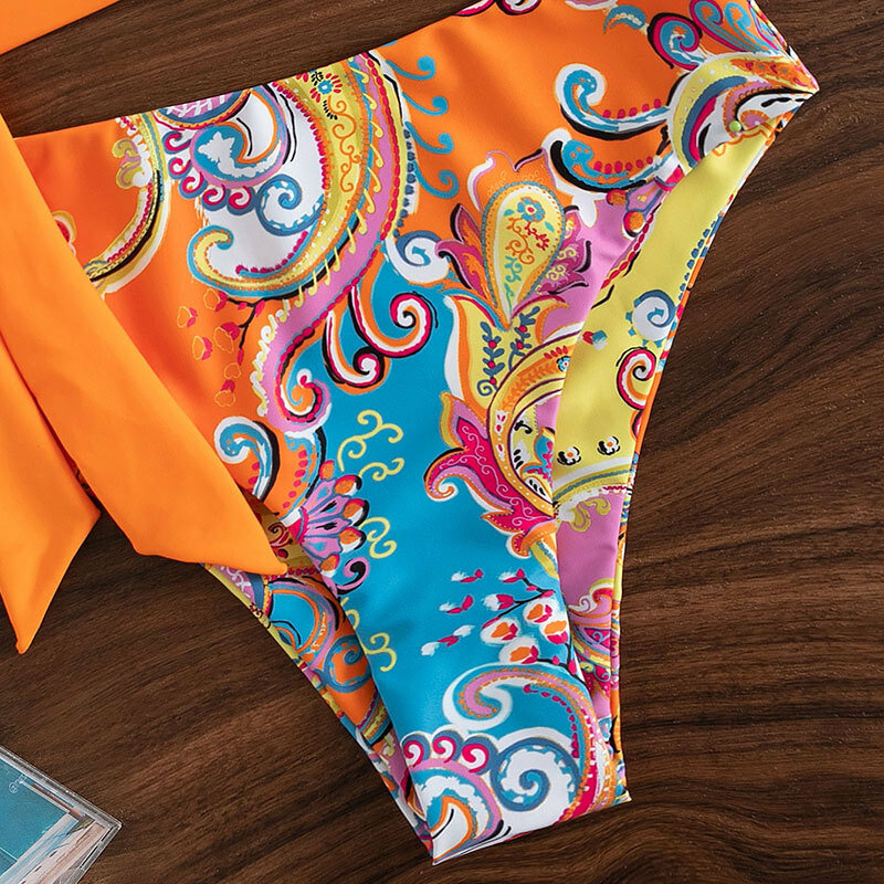 ชุดว่ายน้ำสตรีแบบเปิดไหล่เดียวพิมพ์ลายสีพื้นเซ็กซี่ฤดูร้อนแฟชั่นเอวสูง