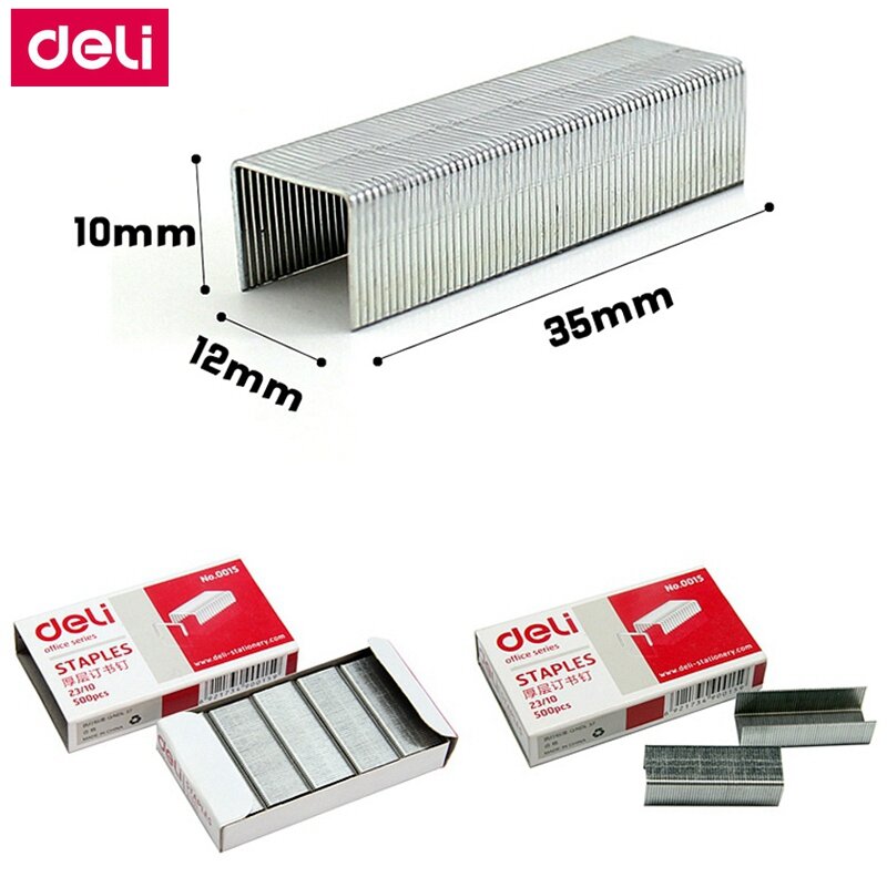 Deli 500pcs/Box Heavy Duty Staples 23/10 Staples 12x10mm Staples Width 12mm Height 10mm Capacity 75 Pages 70g Papers 0015