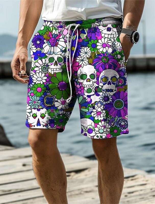 Bañador con estampado 3D de calavera y flores para hombre, pantalones cortos con cordón de cintura elástica, Estilo Hawaiano, para vacaciones y playa, 2024