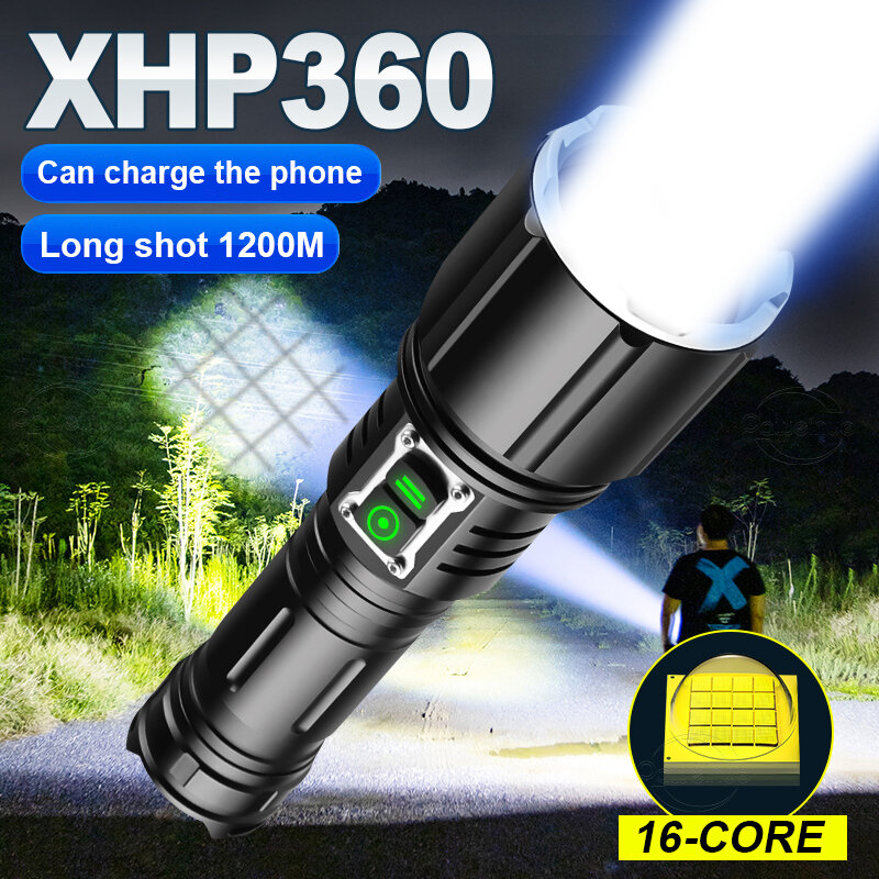 2022 MỚI XHP360 Đèn pin LED siêu cao có thể sạc lại Đèn pin USB chiến thuật 6Modes Chống thấm nước Đèn pin 1000000 Lumen