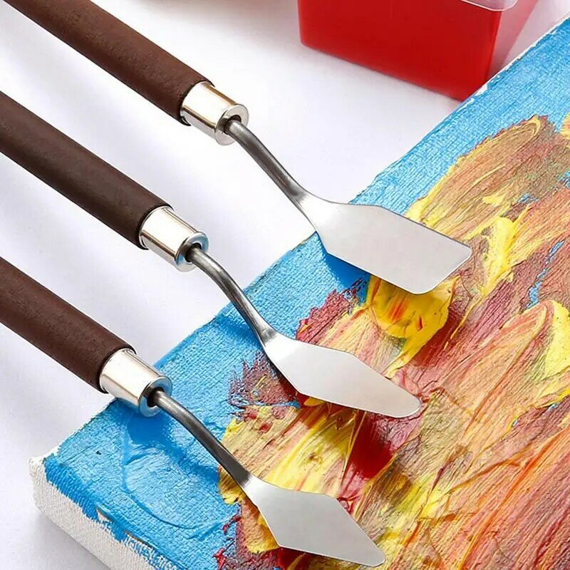 سكين زيت للرسم مصنوع من الفولاذ المقاوم للصدأ طقم سكين للرسم مكون من 7 قطع ملعقة للرسم الزيتي بمقبض خشبي ملحقات فنية