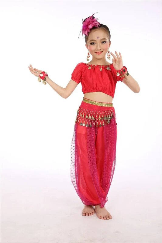 طقم أزياء رقص شرقي للأطفال ، رقص هندي ، ملابس رقص شرقي للبنات ، طقم 5 قطع ، زي جديد