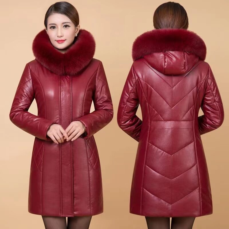 여성용 모피 칼라 후드 파카 오버코트, 긴 코튼 인조 가죽 재킷, 겨울 어머니의 두꺼운 블랙 PU 가죽 재킷, 6XL