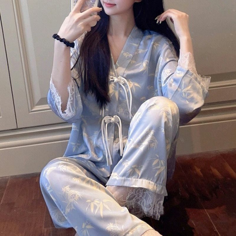Silk Pajamas Women Pajamas Sets Long Sleeve Tops Pants Loungewear Plate Button Lace Trim Korean Chic Prints Sleepwear New