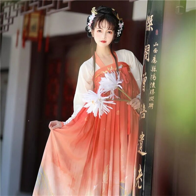 فستان Hanfu الصيني التقليدي للنساء ، زي الرقص الشعبي القديم ، التطريز الجنية ، الشعبية القديمة ، مجموعة فستان سلالة أغنية الرجعية