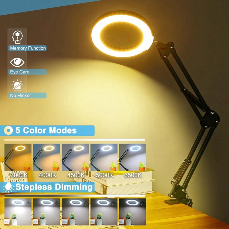 Kaca pembesar dengan lampu dan Klem, 5 Mode Warna tanpa langkah dapat diredupkan, bebas genggam untuk melukis kerajinan