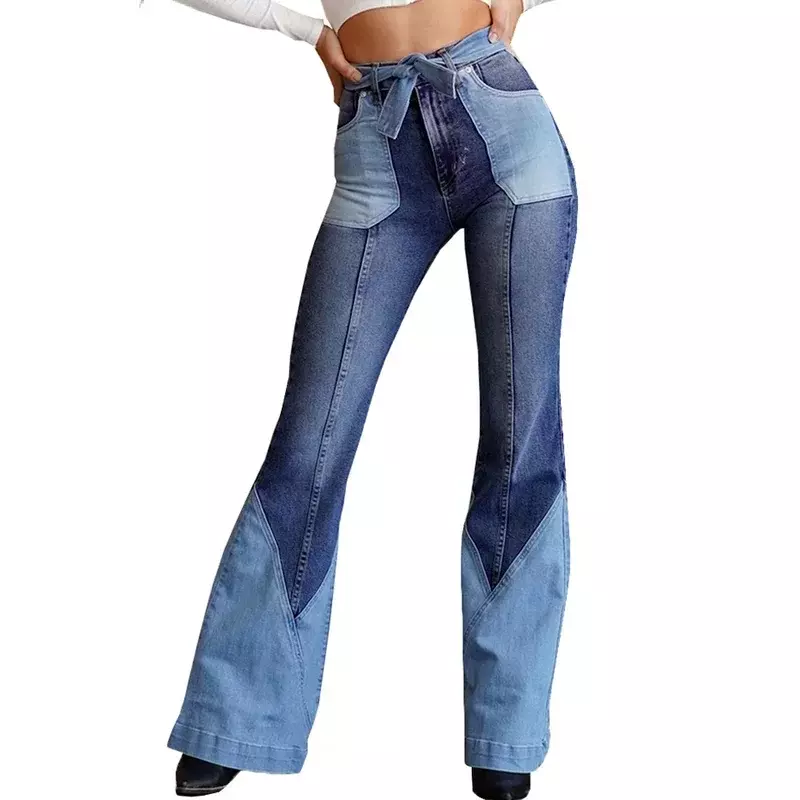 Color Block z wysokim stanem dżinsy dzwony damskie obcisłe dwukolorowe jeansy z pasek z kieszenią seksowną dżinsową rozkloszowaną dżinsy typu Boyfriend