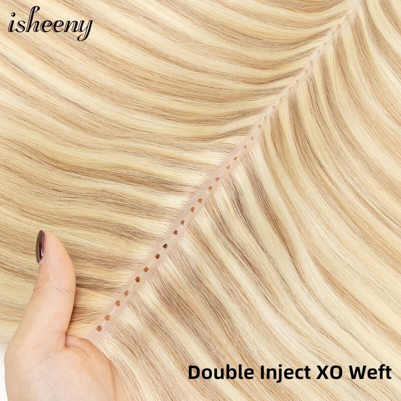 Ekstensi rambut manusia anyaman lubang XO injeksi ganda 16 "-24" rambut lapisan Tab kembar tak terlihat rambut tarik lurus alami melalui rambut mikro
