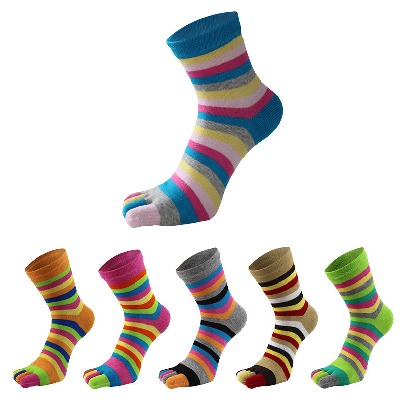 5 paare/los Regenbogen 5 Finger Mittel rohr Socken Frauen Baumwolle gestreifte bunte Mode junge schweiß absorbierende Happy Toe Socken