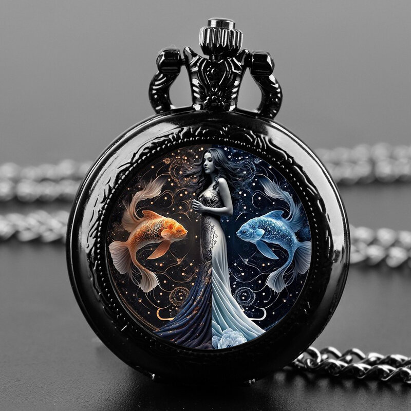 Reloj de bolsillo de cuarzo de constelación Piscis para hombre y mujer, collar negro, colgante único, cadena de reloj, accesorios de regalo