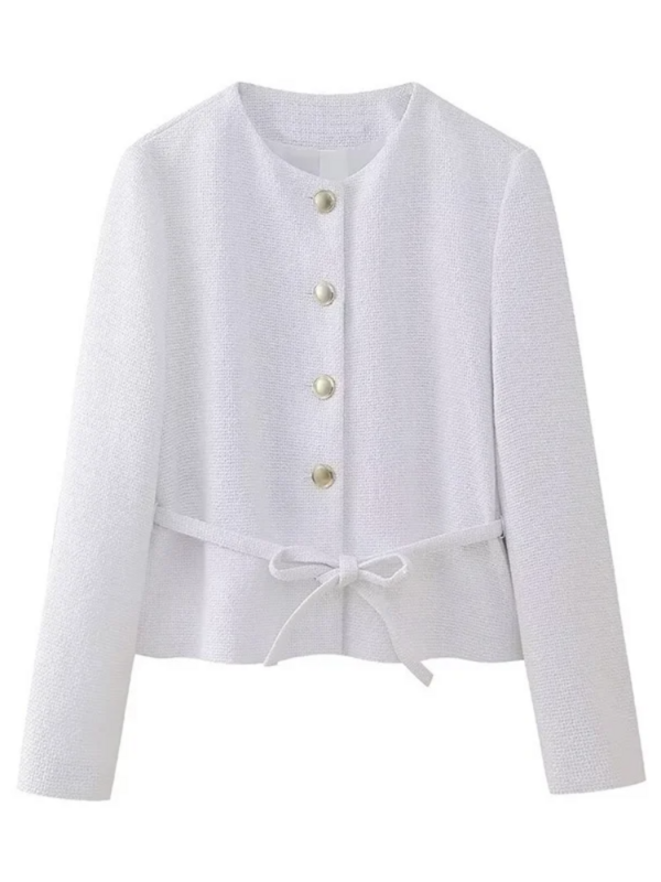 Eleganckie jednolity pas tweedowy płaszcz damskie jednorzędowe płaszcze z długim rękawem z okrągłym dekoltem 2024 wiosna damskie szykowny biały damskie marynarki biurowe