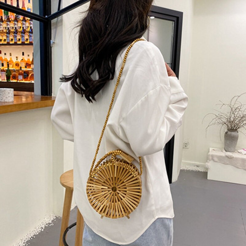 Bolsa de ombro tecida bambu vintage para mulheres, bolsas crossbody na moda, bolsas redondas pequenas e bonitas, moda estilo étnico