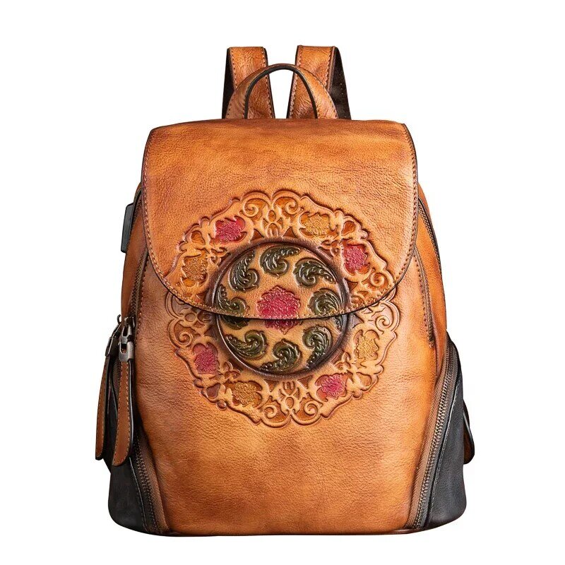 First layer Cowhide Backpack Rucksack with USB Charging Port Genuine Leather Lady Female School Book Bag Daypack Knapsack