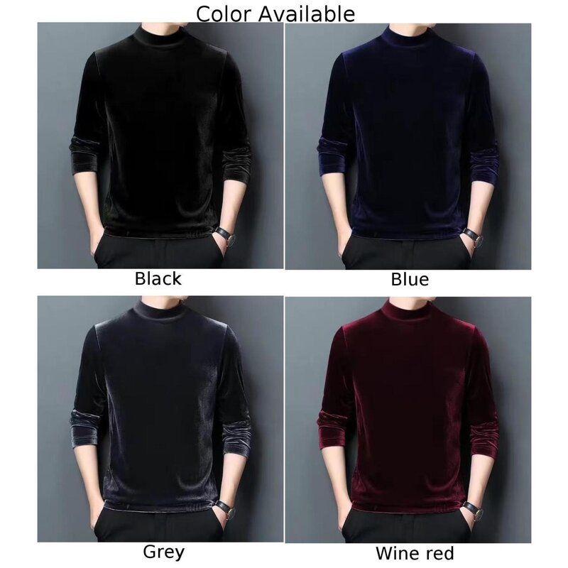 Modne męskie aksamitne pół golf t-Shirt pulower jednolity kolor długi sweter z rękawem obcisła koszulka t-Shirt topy męskie ubrania