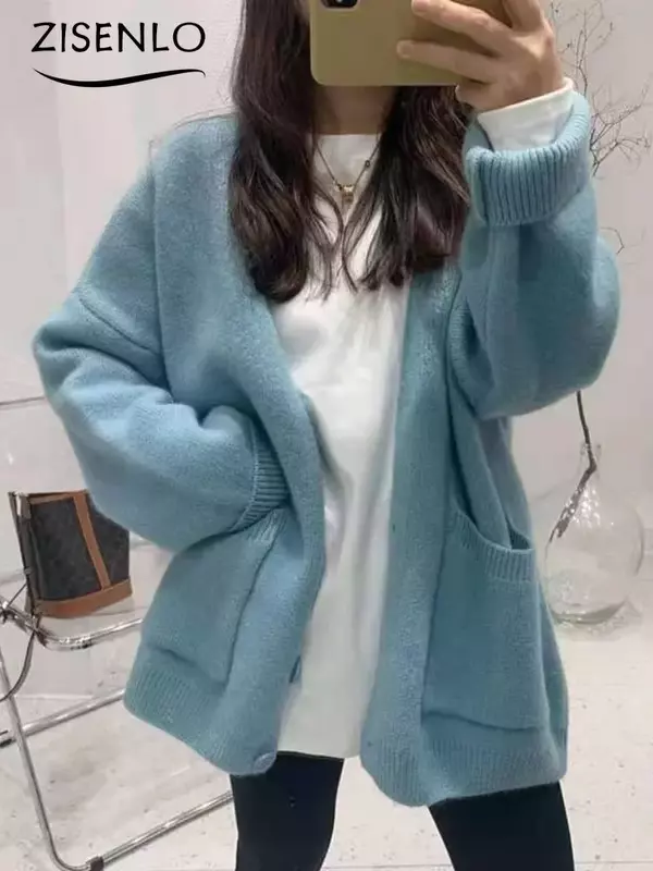 Jesień nowy luźny i leniwy styl czysty kolor sweter dziergany płaszcz ze swetrem na co dzień sweter dziergany sweter kobiety koreańska moda