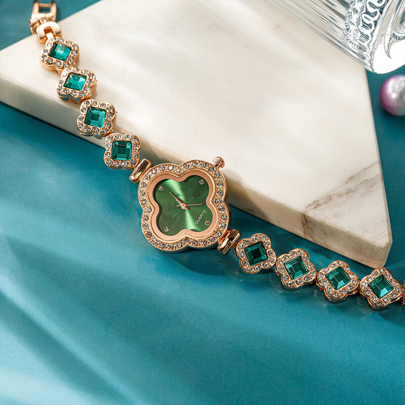 Jam tangan wanita modis jam tangan kuarsa wanita hijau zamrud mewah mawar emas jam tangan Dial berlian hadiah wanita