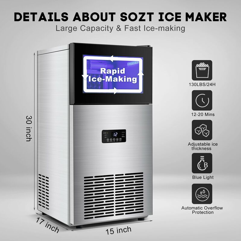 Máquina de gelo comercial com caixa de armazenamento, aço inoxidável, undercounter, autoportante Ice Cube Maker para casa, 130LBS, 24H, 35LBS