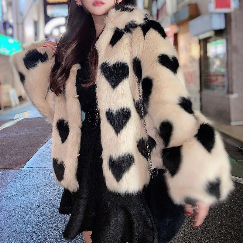 2023 zimowe słodkie serce płaszcz ze sztucznego futra kobiet szykowna, w stylu Harajuku dziewczynek puszyste futro lisa kurtka z piaskiem Cullen in Street Goth Punk