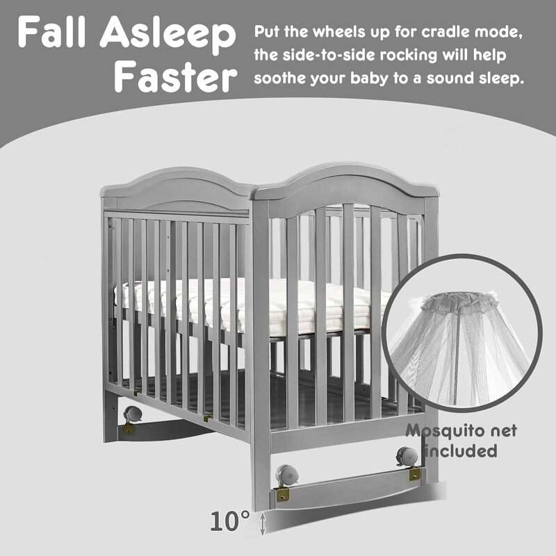 HARPPA 유아용 컨버터블 유아용 침대, 매트리스 및 모기장 포함, 바퀴 및 보관함, 조절 가능한 미니, 6 in 1