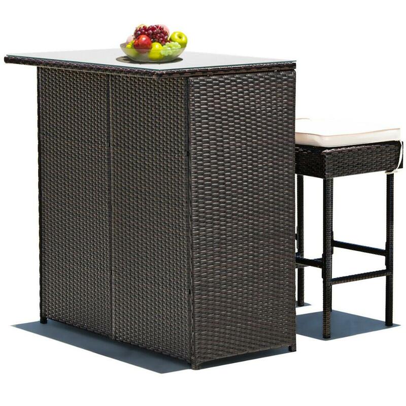 3PCS Patio Rattan Wicker Bar Table Stools Dining Set Cushioned Chairs Garden