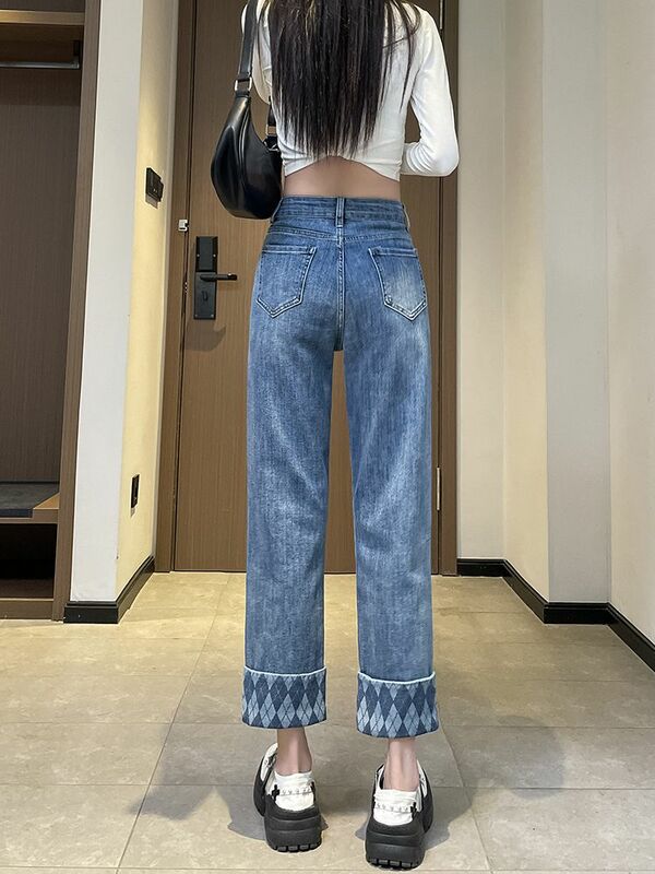 Женские прямые джинсы с закругленными краями, новинка 2024, узкие стройнящие широкие брюки с высокой талией