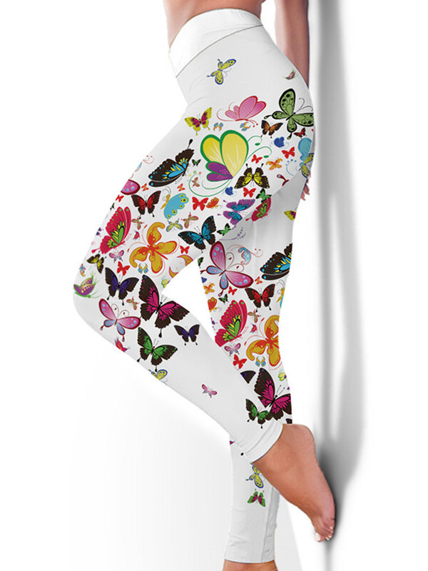 Celana Legging Yoga wanita, celana panjang olahraga motif kupu-kupu pinggang tinggi untuk latihan Fitness Gym lari
