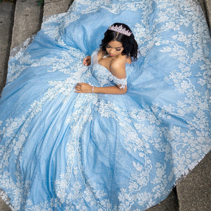 Robe de Quinceanera bleu ciel avec appliques en dentelle, robe de Rhde remise des diplômes, robe de Rh, robe de Rh, robe de luxe formelle, TehydrSweet 16