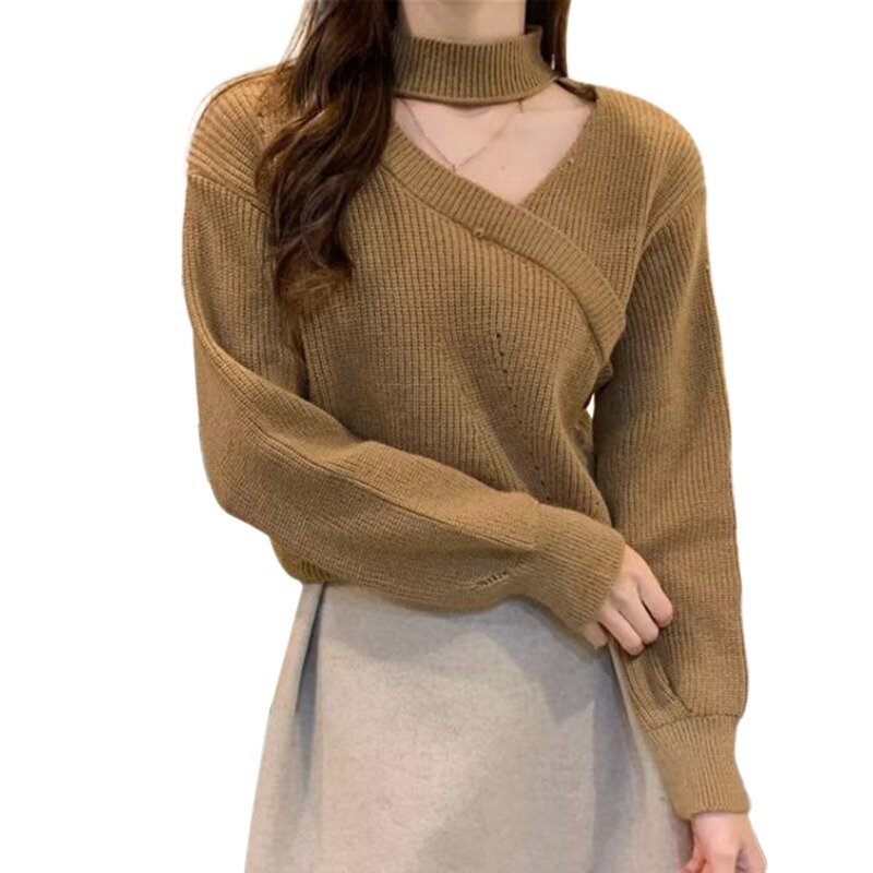 เสื้อสเวตเตอร์คอวีแขนยาวสำหรับผู้หญิงใส่ให้ความอบอุ่นเสื้อสวมหัวเปิดไหล่สีพื้นฤดูหนาว