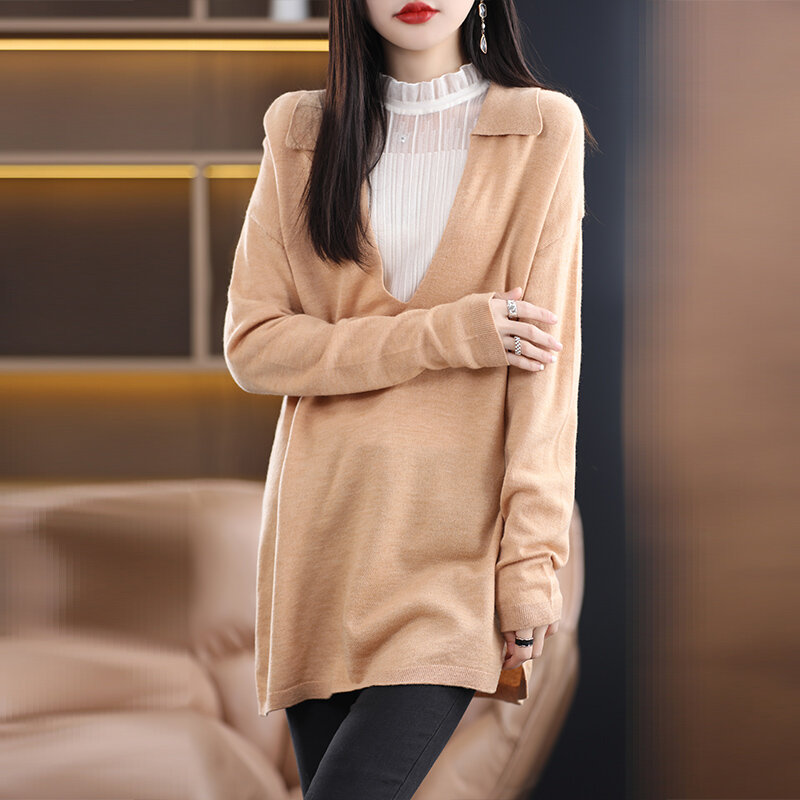Женский свитер средней и большой длины, Свободный пуловер с V-образным вырезом, одежда для весны, 2023