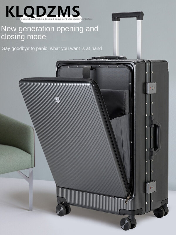 KLQDZMS aluminiowa rama bagażowa 20 Cal walizka pokładowa otwór z przodu pokrowiec na wózek torba z ładowaniem USB podróżny 24 "26 walizka podróżna kabinowych