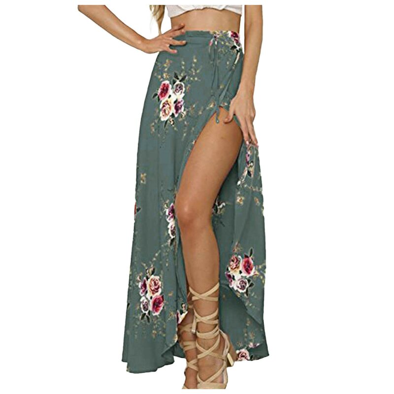 High Split Women Skirts Summer Bohemian Lace Up Floral Printed Long Skirt Female Loose Boho Skirt Beachwear Skirts For Women