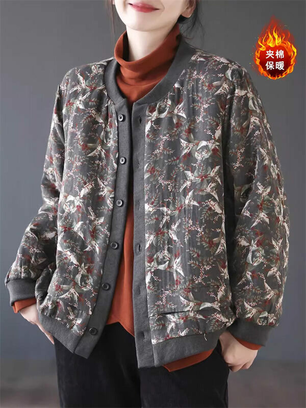 Retro Printed Women's Quilted Oversized Jacket Lightweight Casual Baseball Collar Versatile Cotton Coat Short Floral Top K856