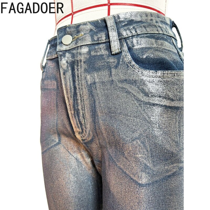 FAGADOER Silvery Fashion Sparkling Elasticity Skinny Pants Women High Waisted Button Pocket Trousers Female Matching Streetwear