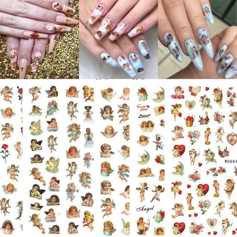 Наклейки для ногтей с изображением цветов ангела, наклейки для ногтей с Купидоном, самоклеящиеся наклейки для ногтей, 3D наклейки, украшения для ногтей, фотопленка
