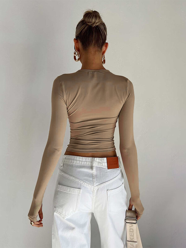 Tops cortos informales ajustados para mujer, camisas básicas de manga larga, ligeras, de entrenamiento con agujeros para los pulgares