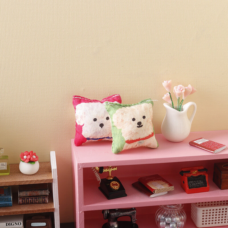 1:12 miniaturowa poduszka dla lalek poduszka na poduszkę z głową psa Mini poduszka meble Model domu dekoracja zabawka lalka akcesoria do domu