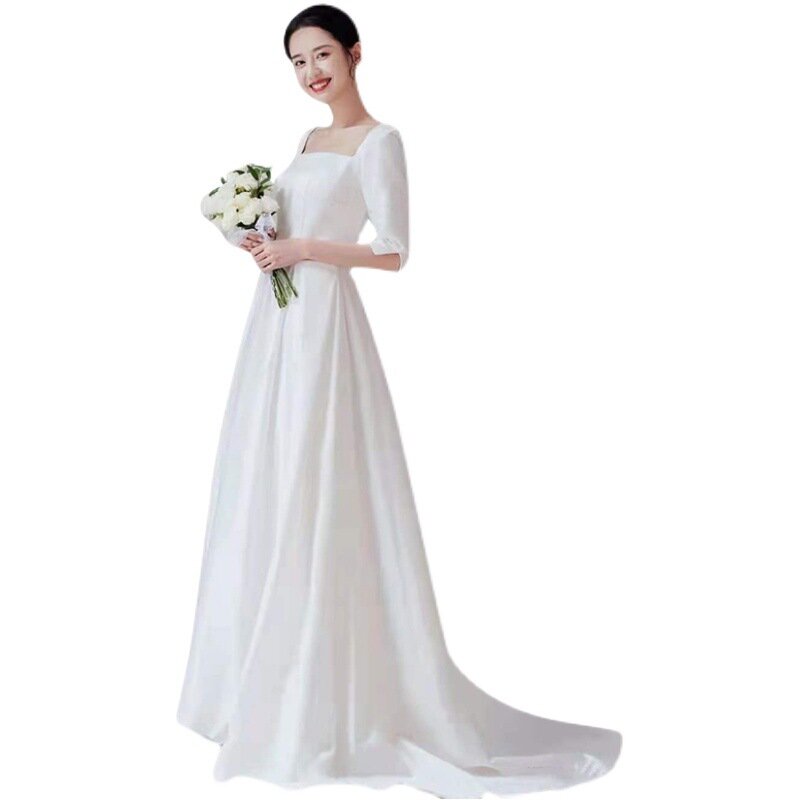 Vestido de noiva feminino de cetim com renda, doce vestido de noiva, linha A, trem pequeno, branco, moda simples