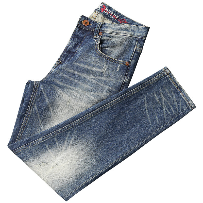 Celana Jeans pria trendi gaya Eropa celana Jeans Denim desainer antik pria Fit ramping elastis biru Retro kualitas tinggi