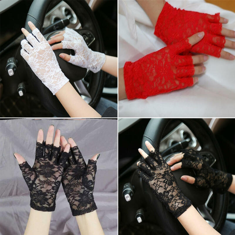 Guantes sexis de encaje para mujer, accesorios de conducción, protección solar, Anti-uv, protector solar, corto, sin dedos, color blanco y negro