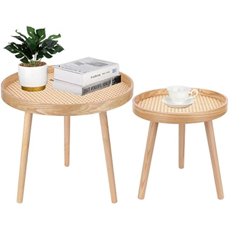 ชุดโต๊ะกาแฟทรงกลม2ชิ้นโต๊ะกาแฟสไตล์โบโฮธรรมชาติโต๊ะกาแฟหวายทันสมัยขนาดเล็กกลางศตวรรษโต๊ะข้างโต๊ะ