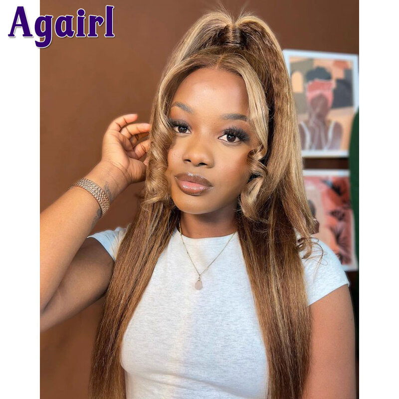 Highlight Brown Blonde Kinky Straight Glueless 13X4 Lace Frontal Human Hair Wigs For Women Highlight 4/27 Yaki Straight 5X5 Wigs