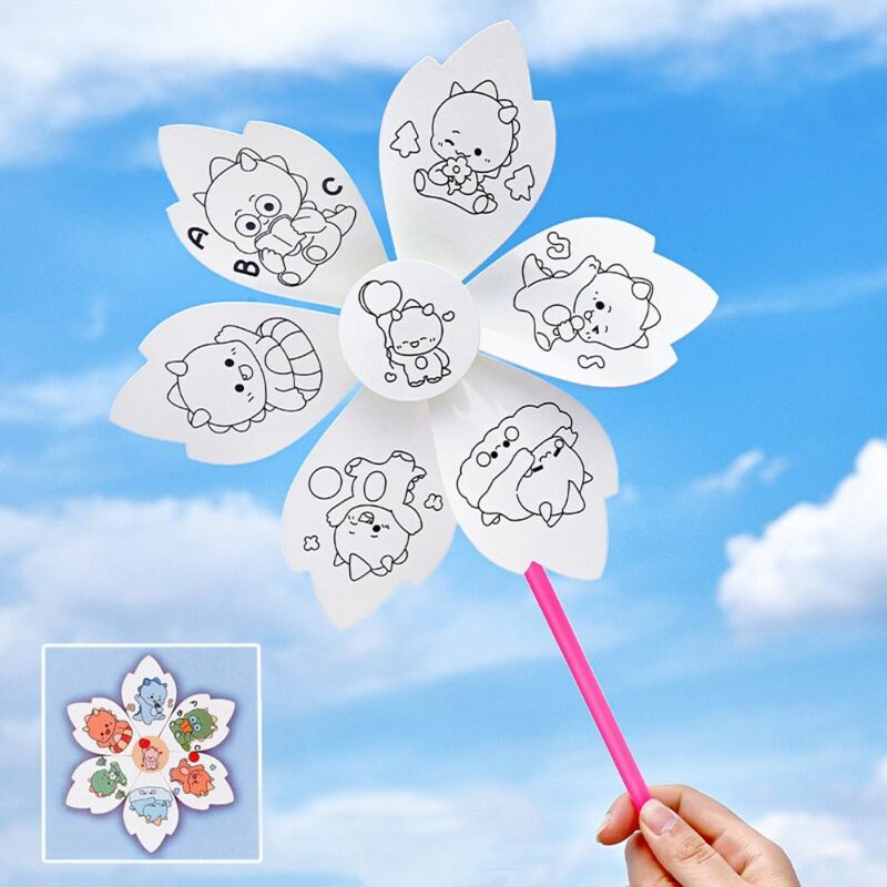 Animal DIY Color Filling Windmill Toy Flower Space Handmade Art Painting Winnower Painted Educational Blank Windmill Toy Gifts